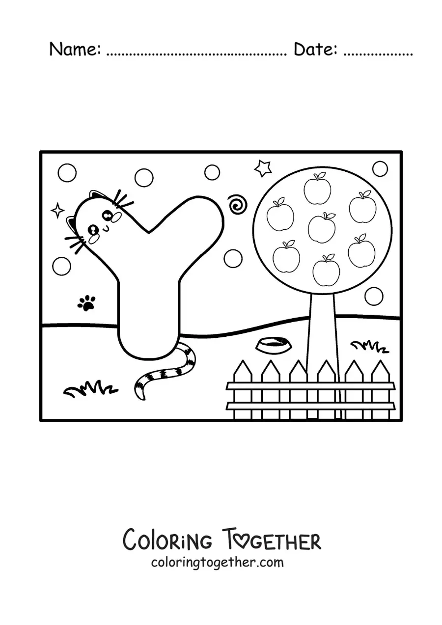 Coloring page of a cartoon letter Y shaped like a cat in the park