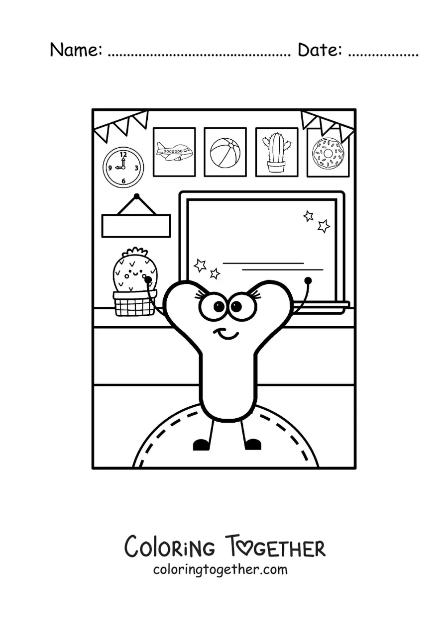 Coloring page of a cartoon letter Y at school