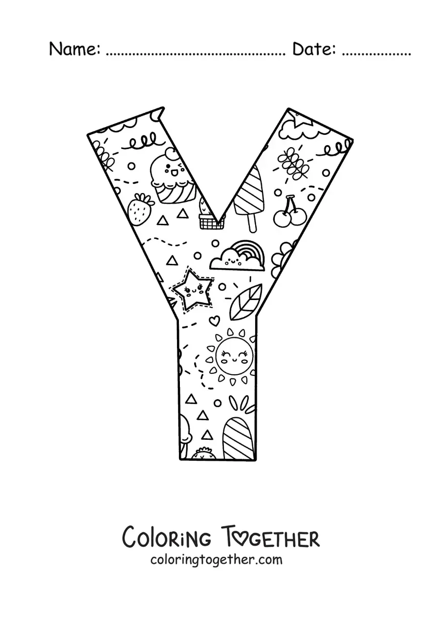 Coloring page of the letter Y with cartoons