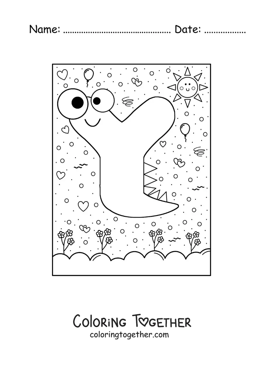 Coloring page of a cartoon letter Y shaped like a monster with cartoons