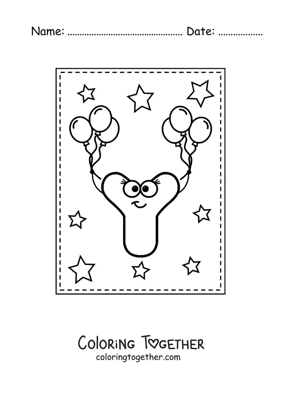 Coloring page of a cartoon uppercase letter Y with balloons