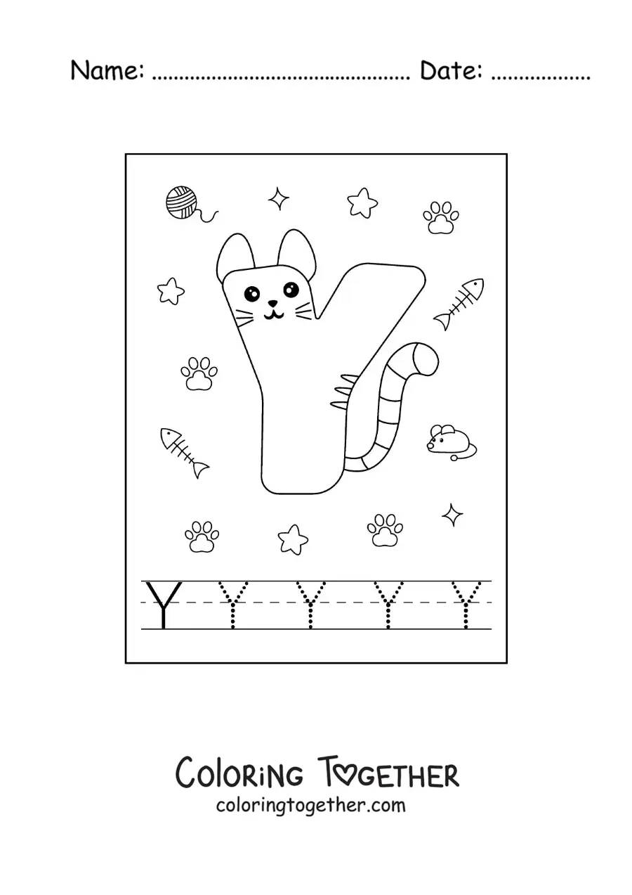 Coloring page of a cartoon letter Y shaped like a cat