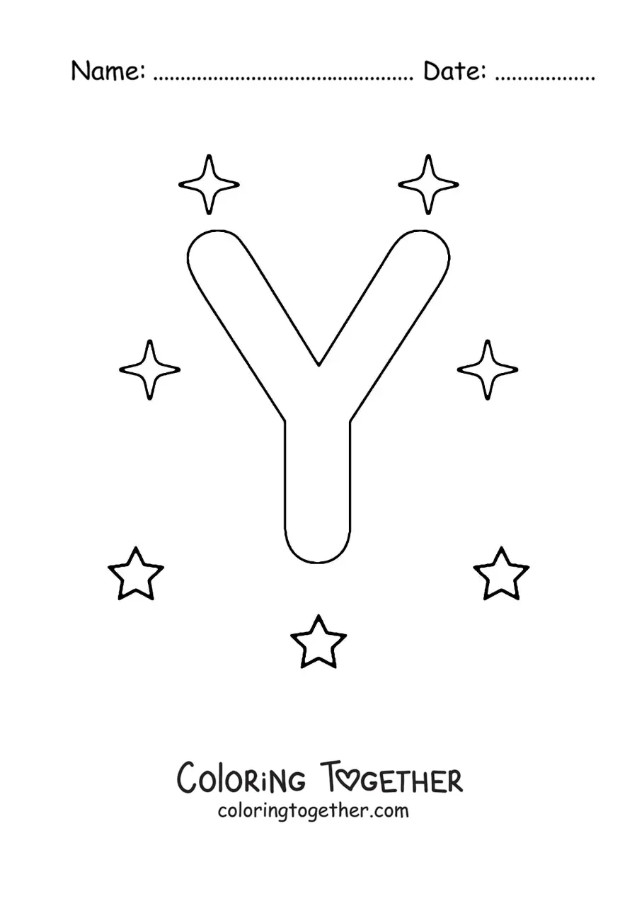 Coloring page of an uppercase letter Y with stars