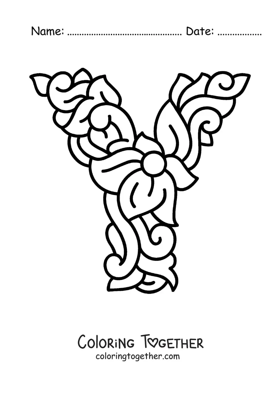 Coloring page of a decorated uppercase letter Y