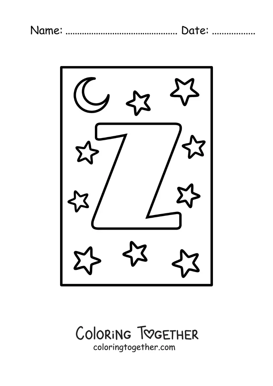 Coloring page of an uppercase letter Z with stars and a moon