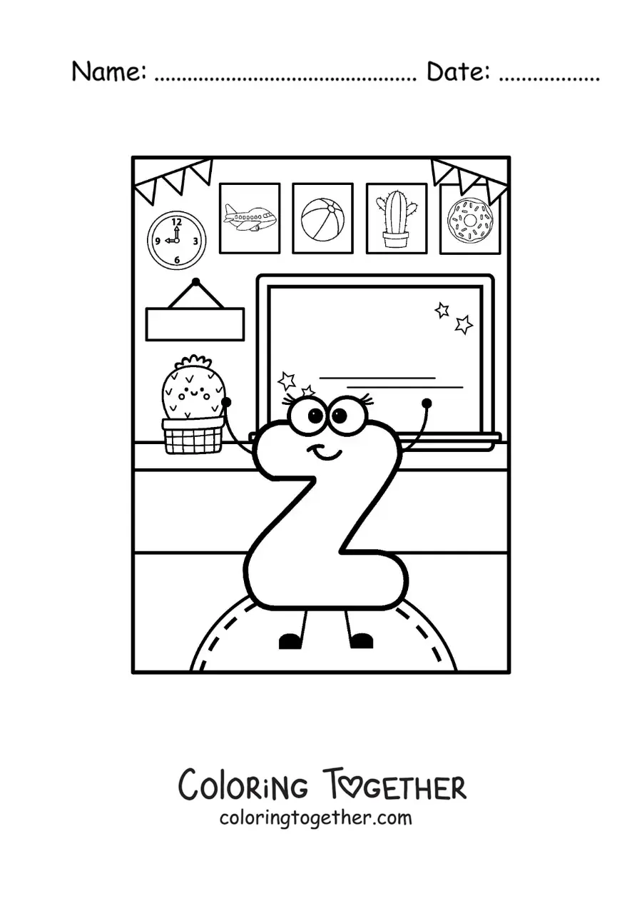 Coloring page of a cartoon letter Z at school