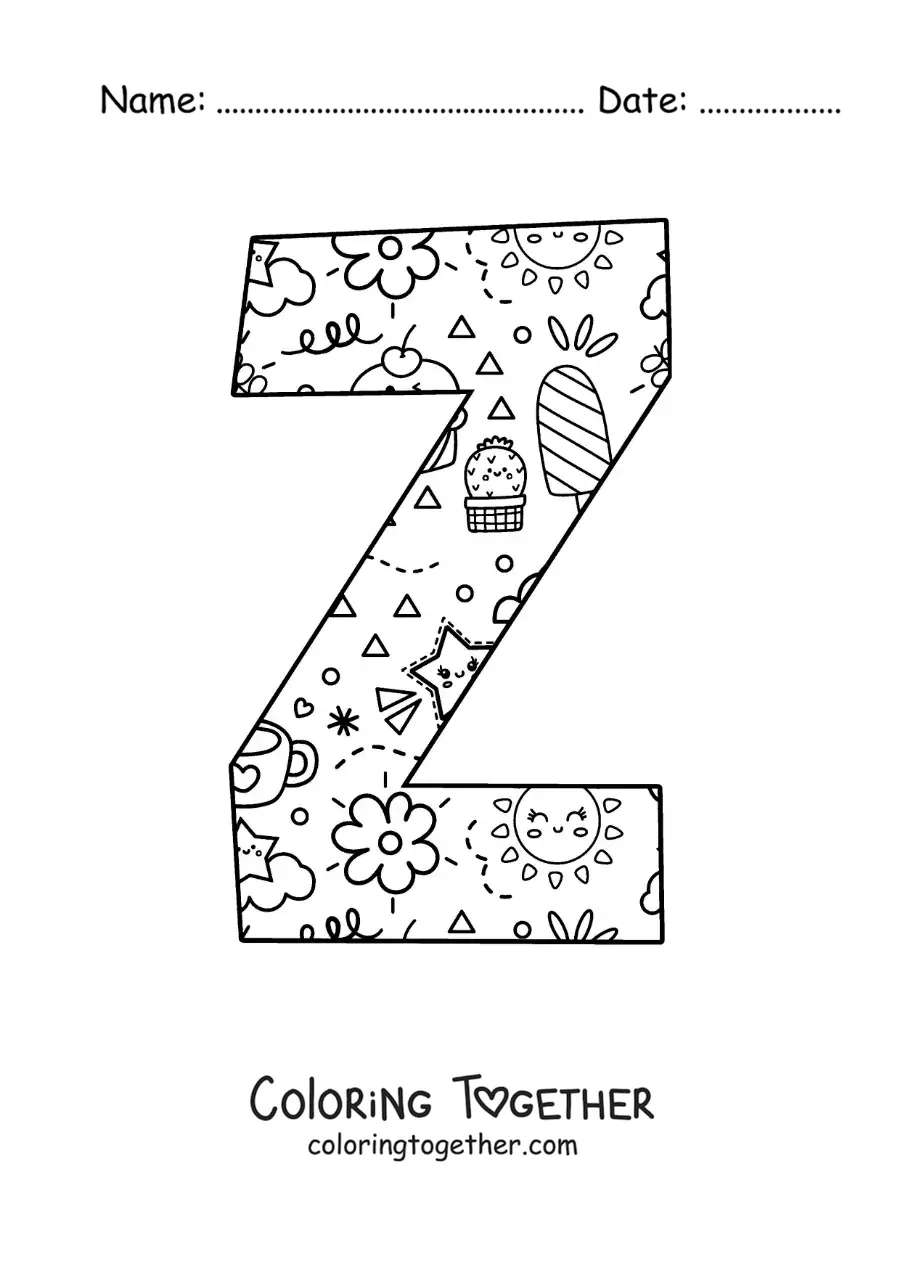 Coloring page of the letter Z with cartoons