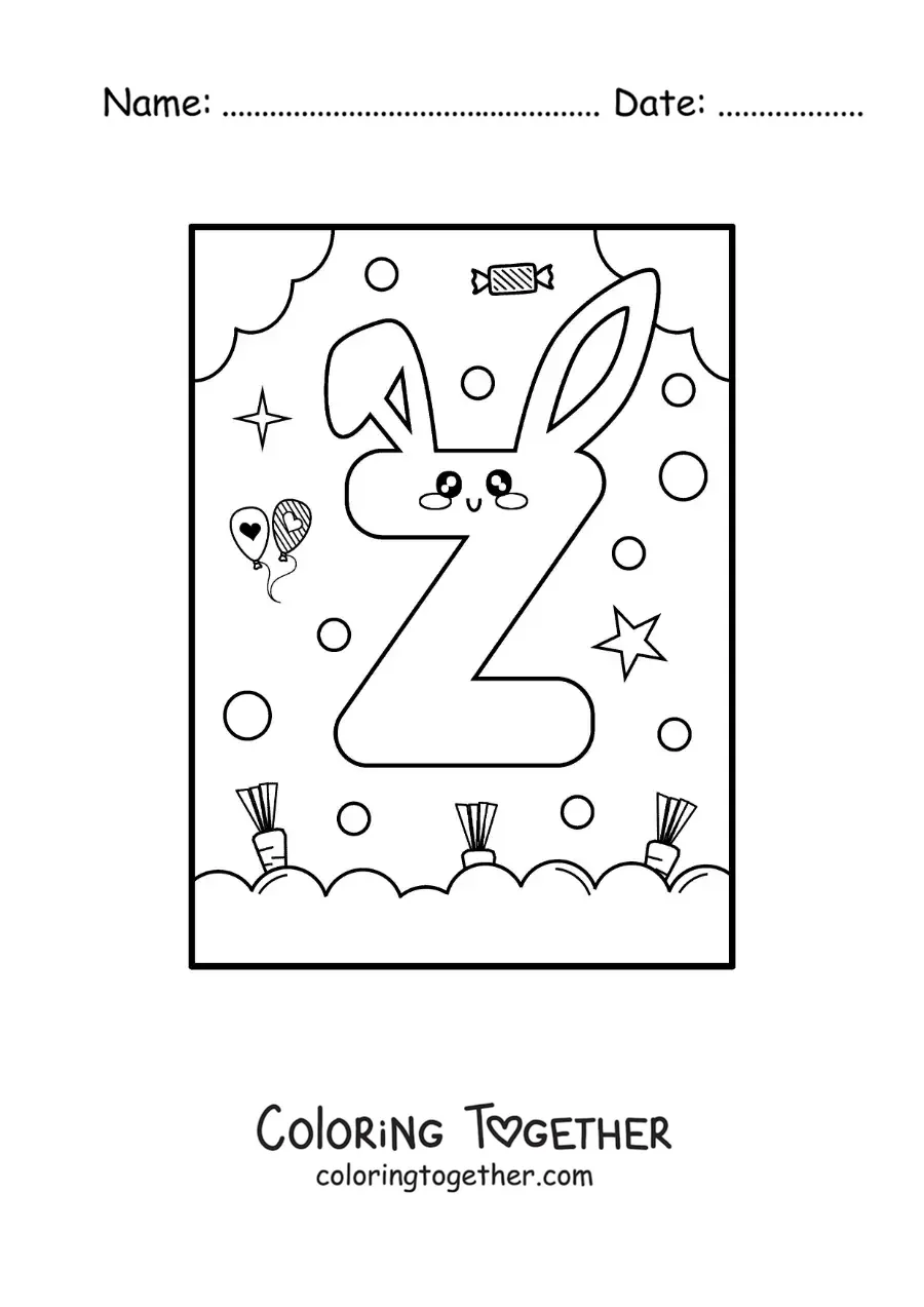 Coloring page of a letter Z shaped like a kawaii cartoon rabbit