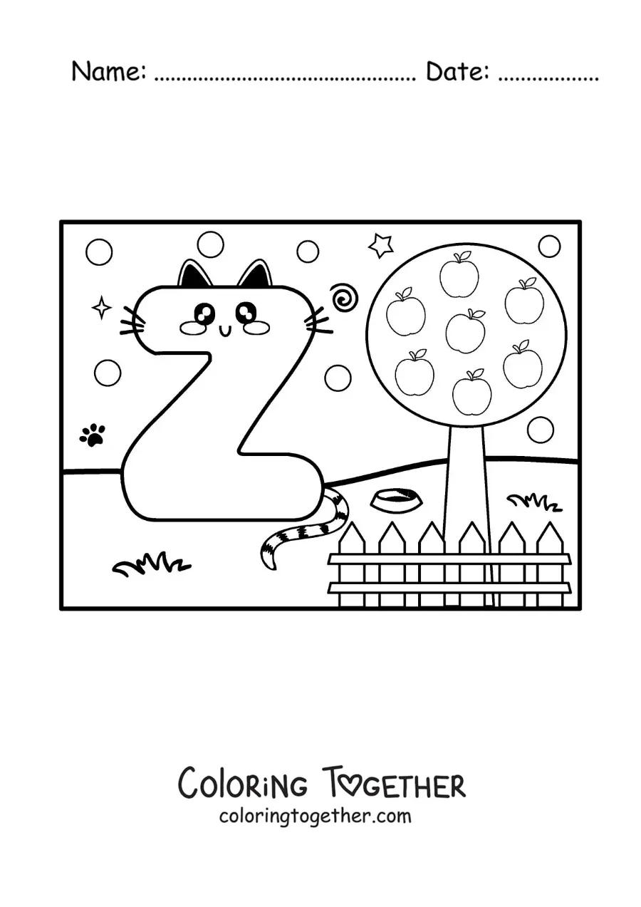 Coloring page of a cartoon letter Z shaped like a cat in the park