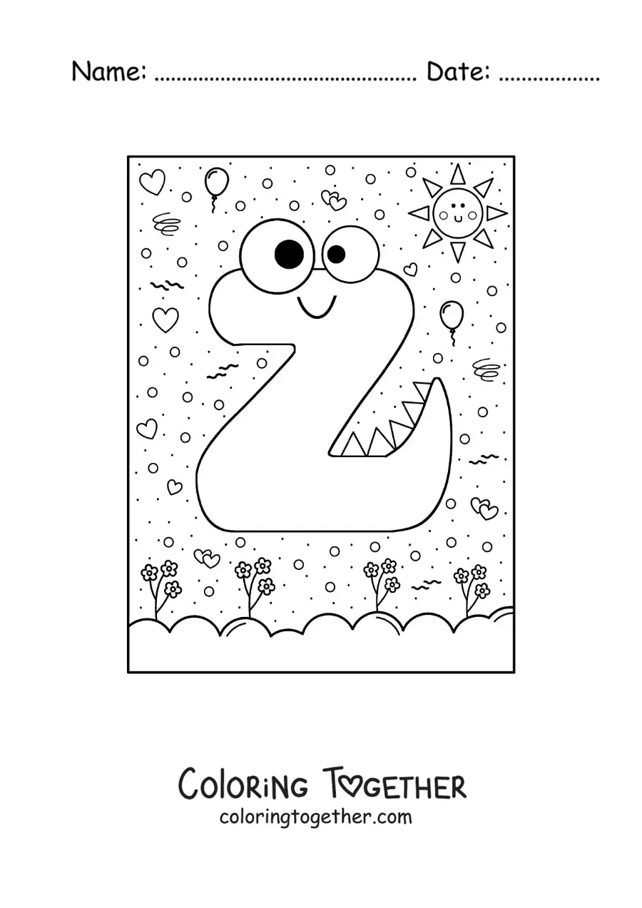 Coloring page of a cartoon letter Z shaped like a monster with cartoons
