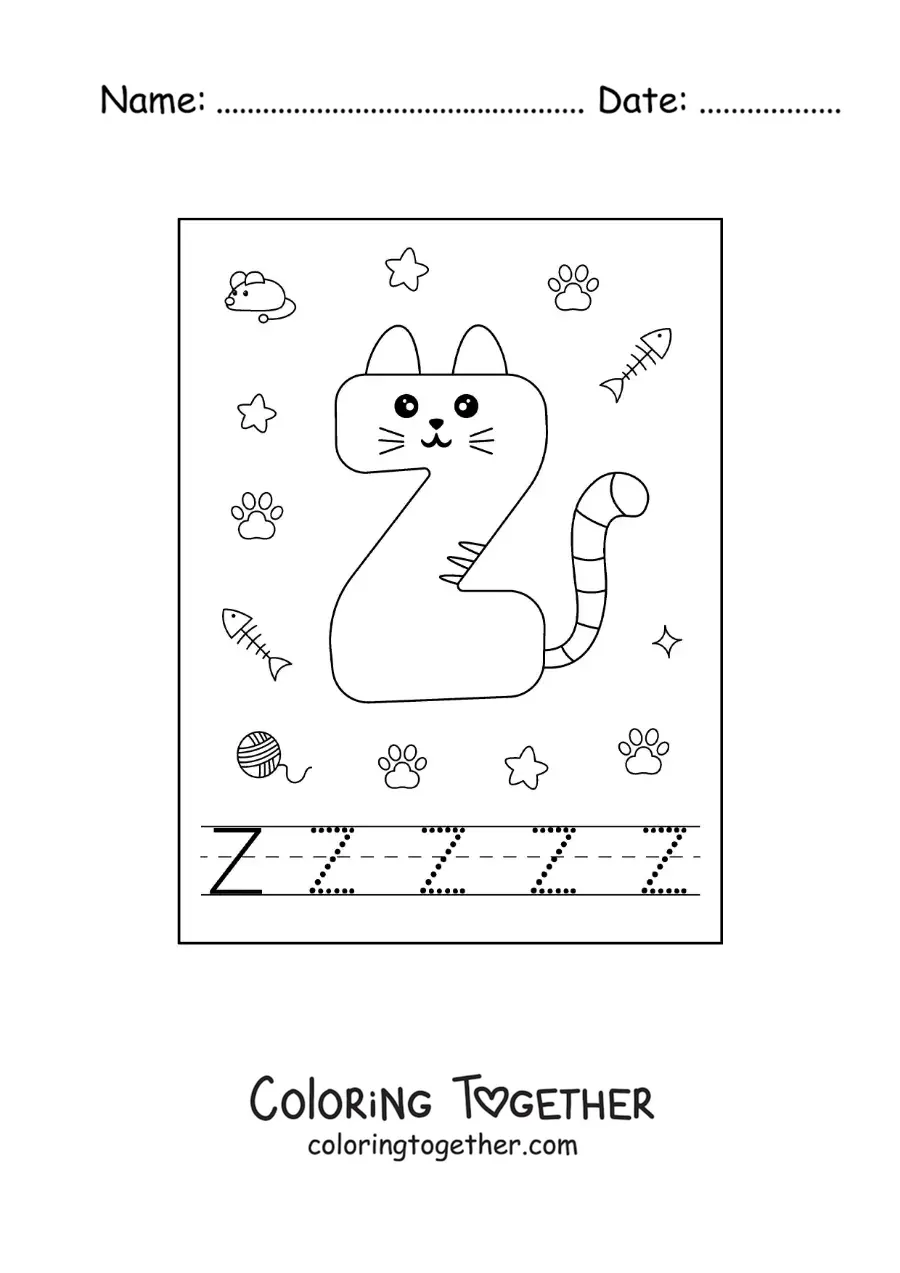 Coloring page of a cartoon letter Z shaped like a cat