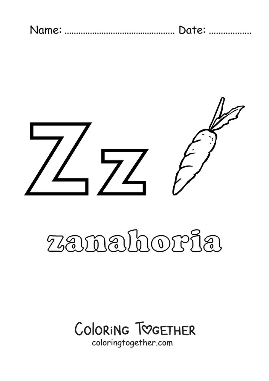 Coloring page of Z for zanahoria (carrot)