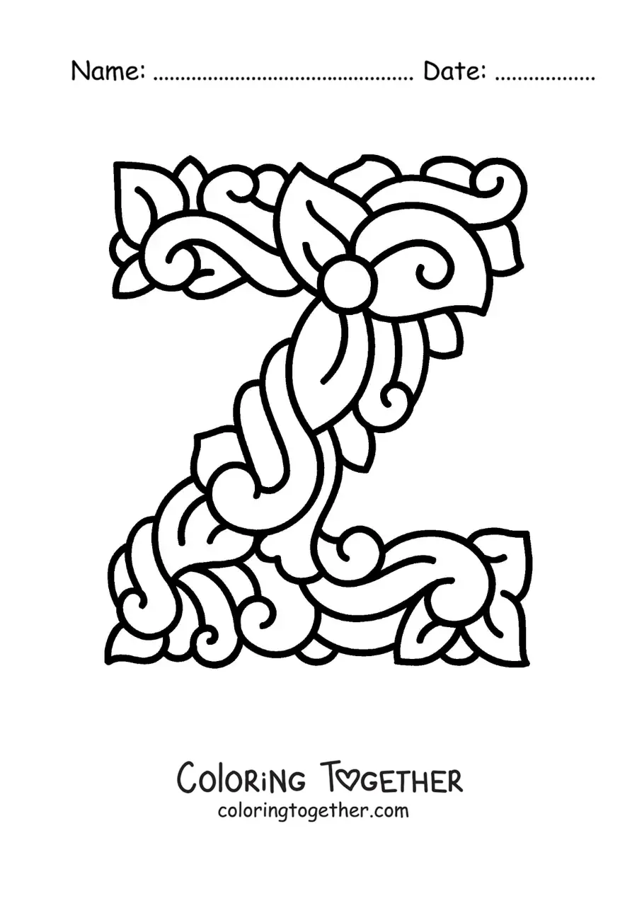 Coloring page of a decorated uppercase letter Z