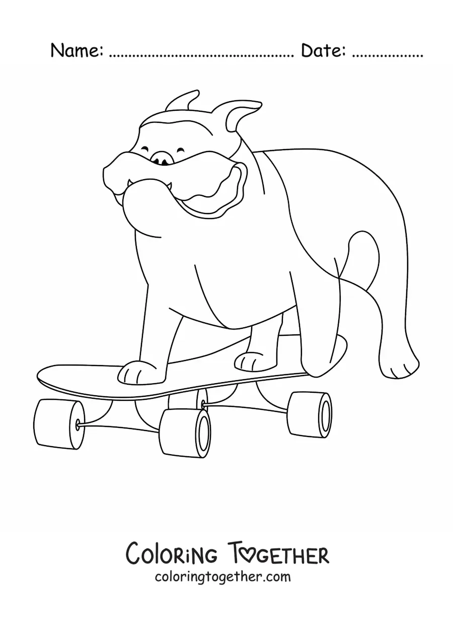 Coloring page of a bulldog riding a skateboard