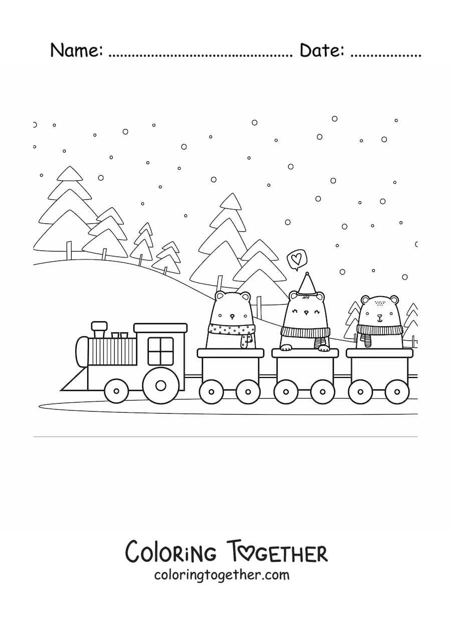 Coloring page of three cartoon bears on a train