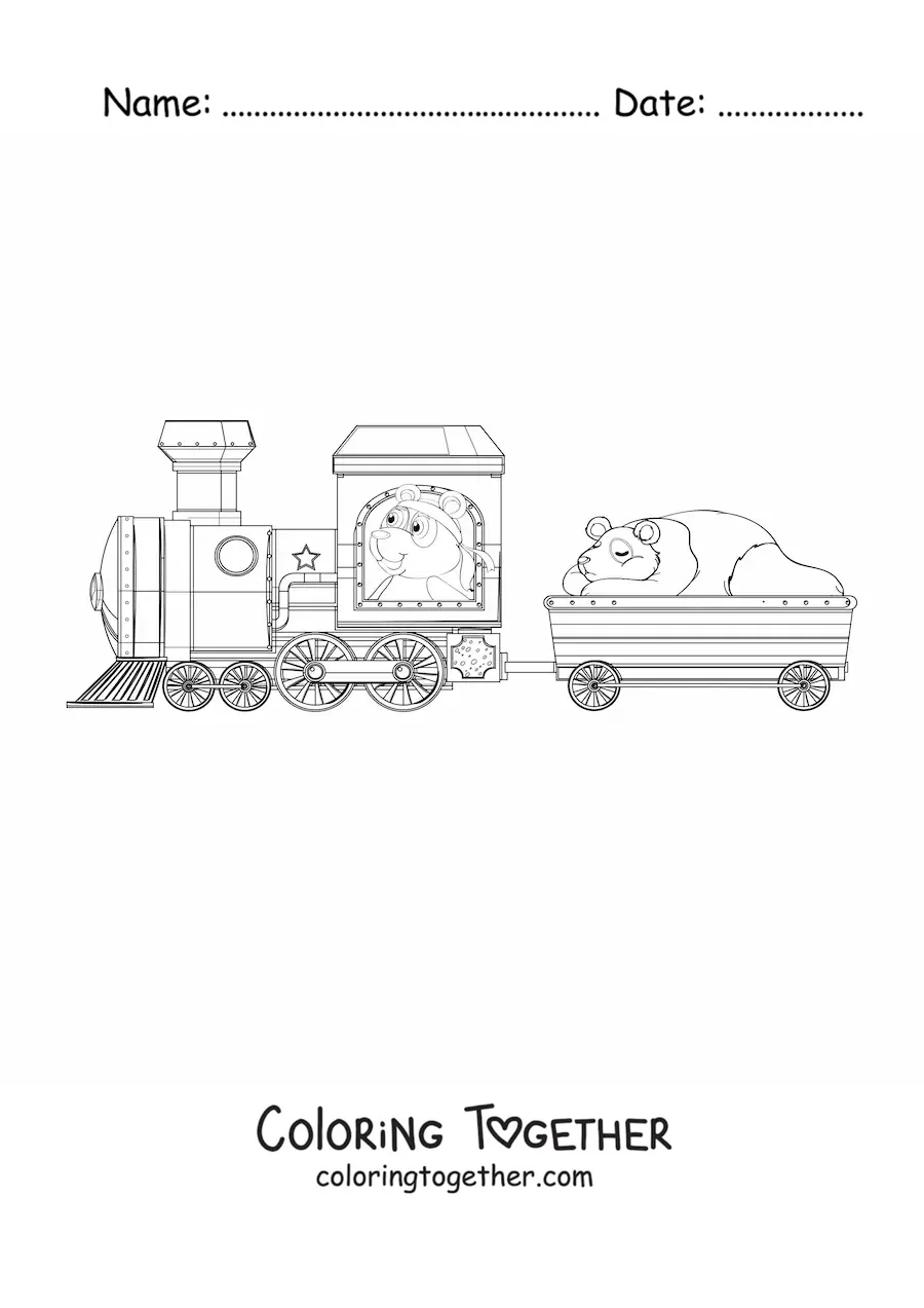 Coloring page of two cartoon pandas on a train