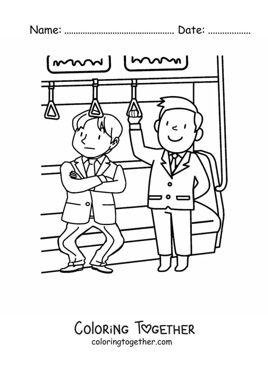 Coloring page of two men as passengers in a subway car