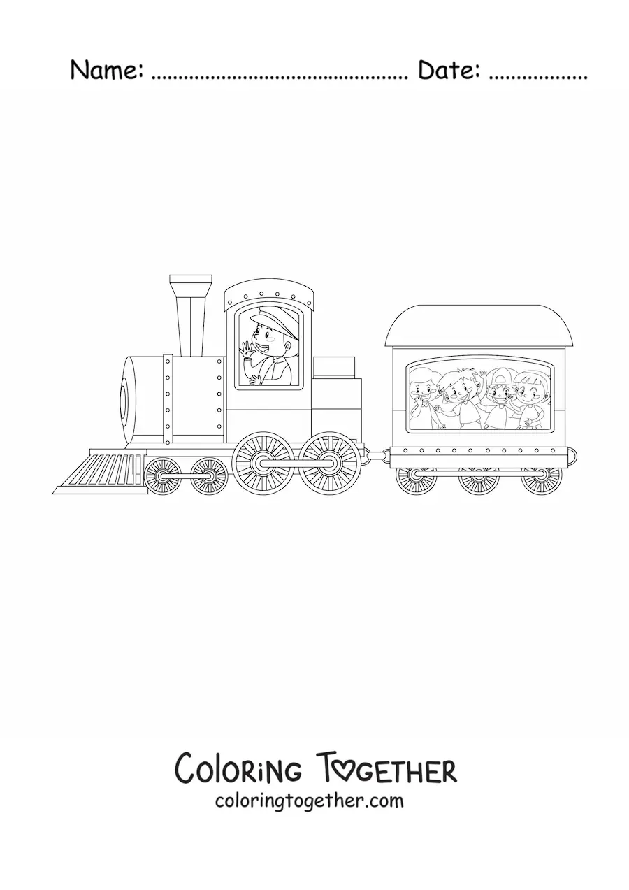 Coloring page of several children aboard a train