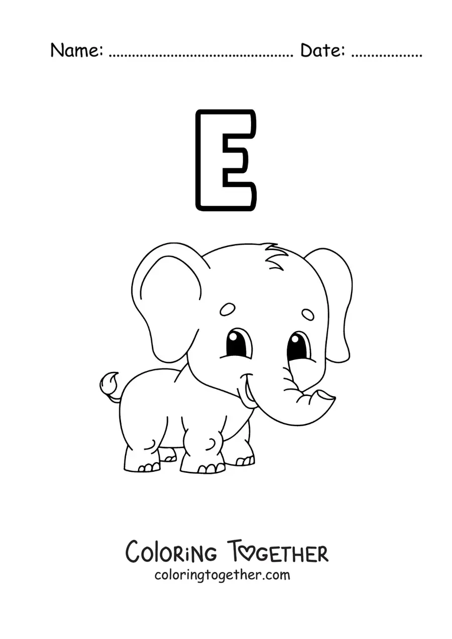 Coloring page of the letter E for elefante (elephant)