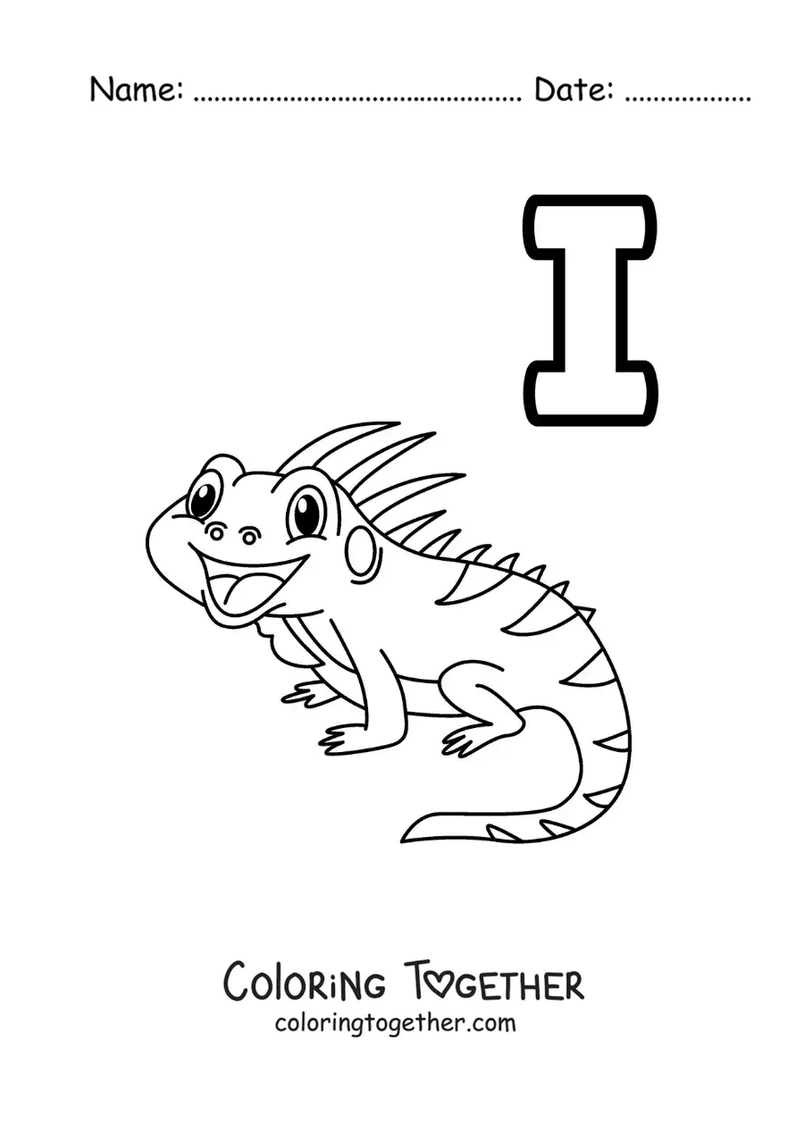 Coloring page of the letter I for iguana