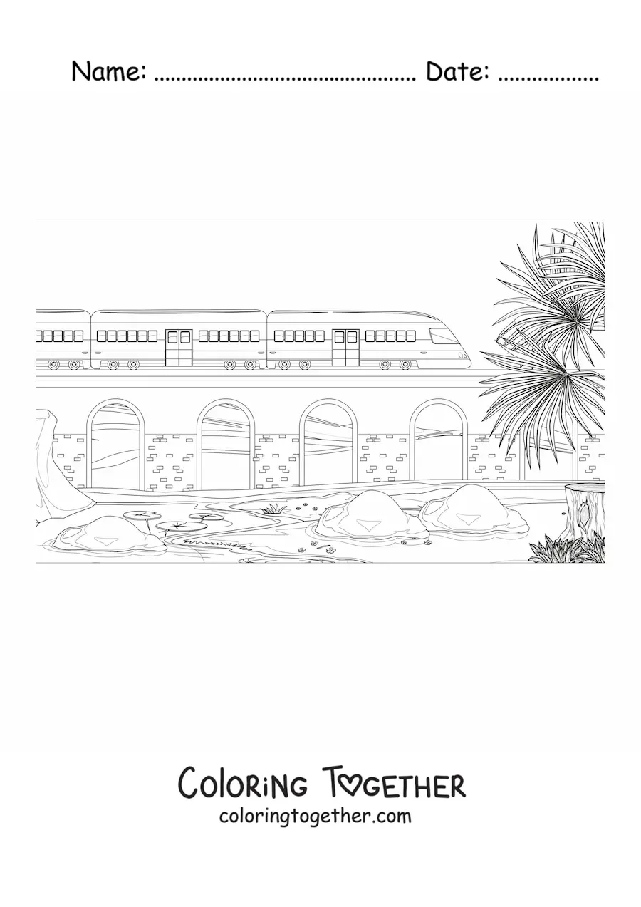 Coloring page of a train passing over a bridge