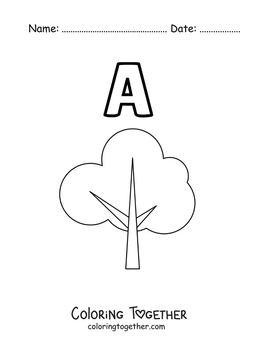 Coloring page of the letter a for tree