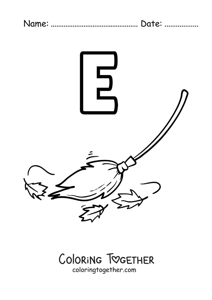 Coloring page of the letter e for broom
