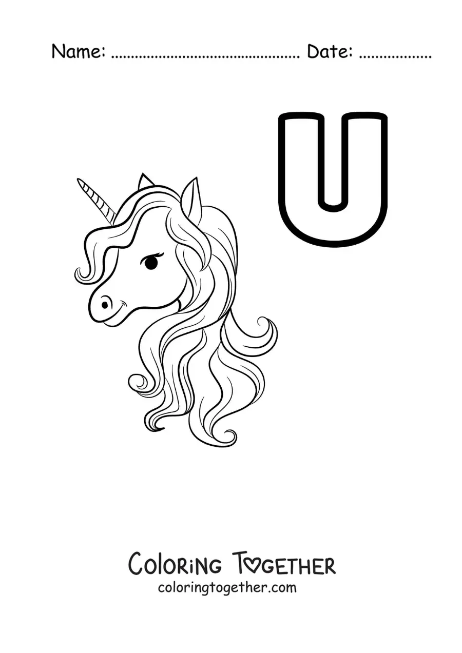 Coloring page of the letter u for unicorn
