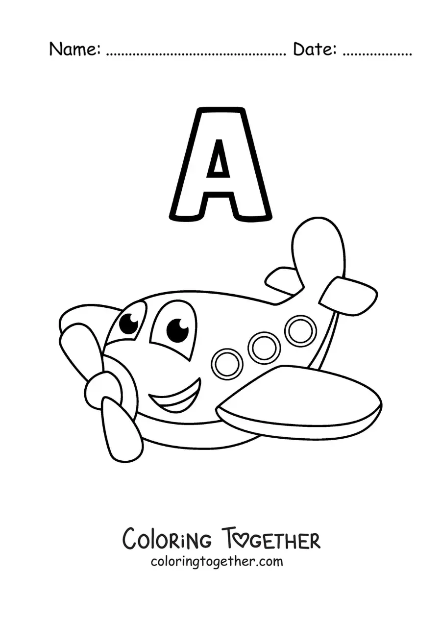 Coloring page of the letter a for airplane