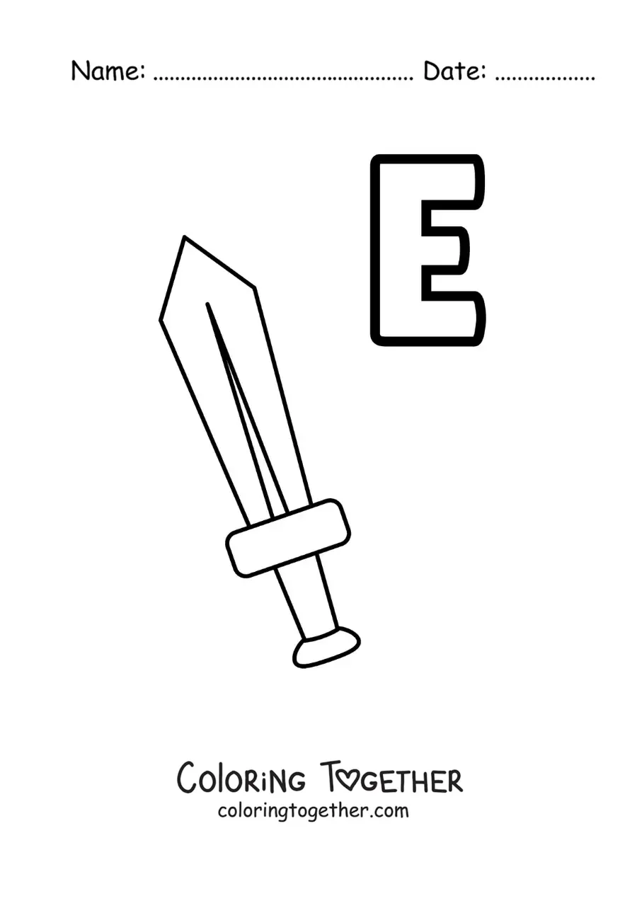 Coloring page of the letter e for sword
