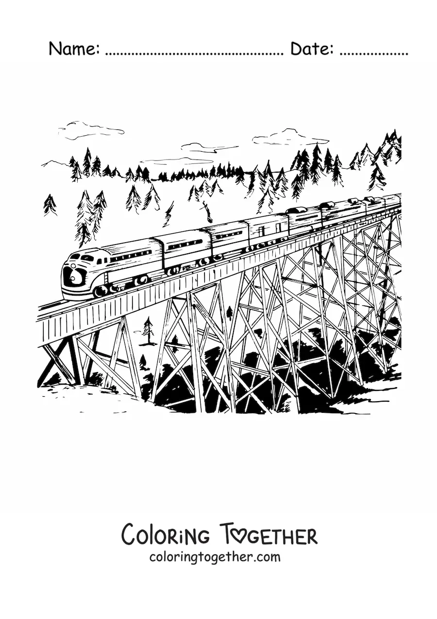 Coloring page of a train traveling over a bridge