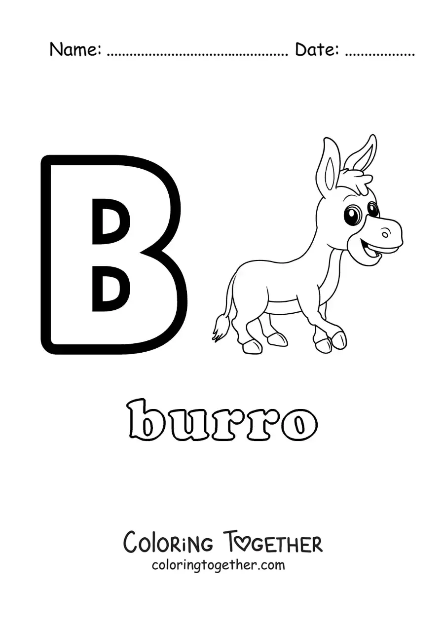 Coloring page of the letter b for donkey