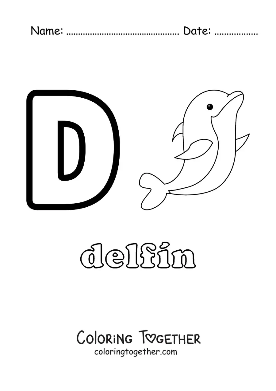 Coloring page of the letter d for dolphin