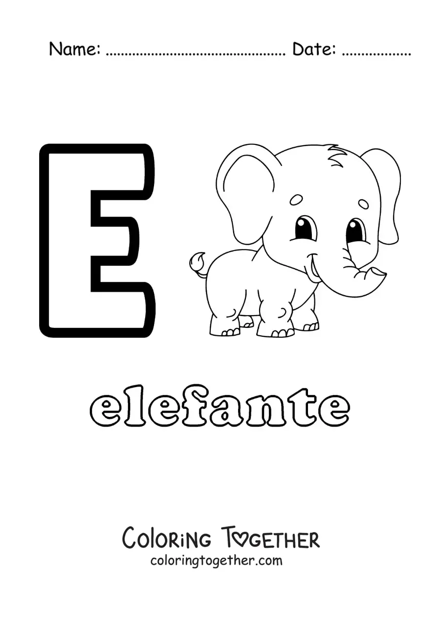 Coloring page of the letter e for elephant