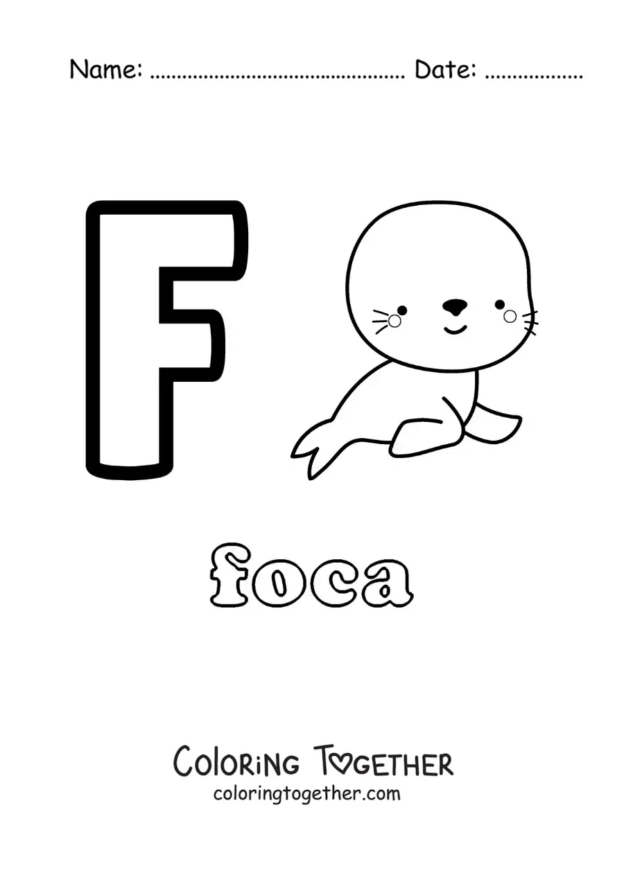 Coloring page of the letter f for seal