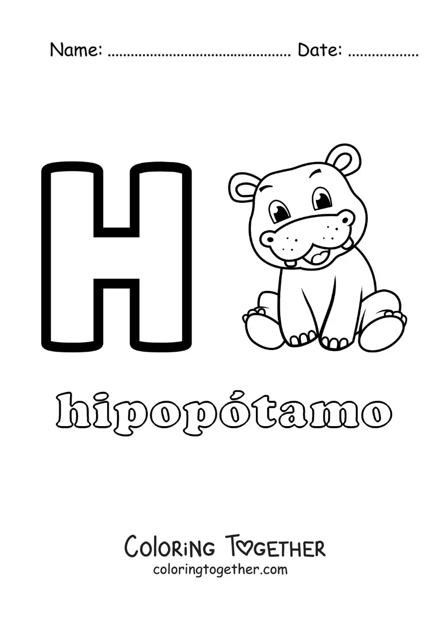 Coloring page of the letter h for hippopotamus