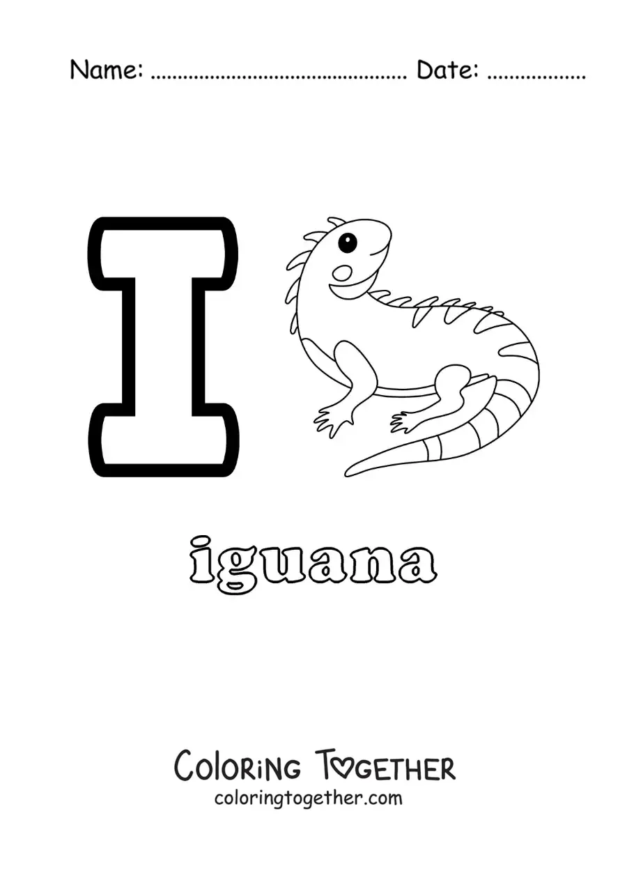 Coloring page of the letter i for iguana