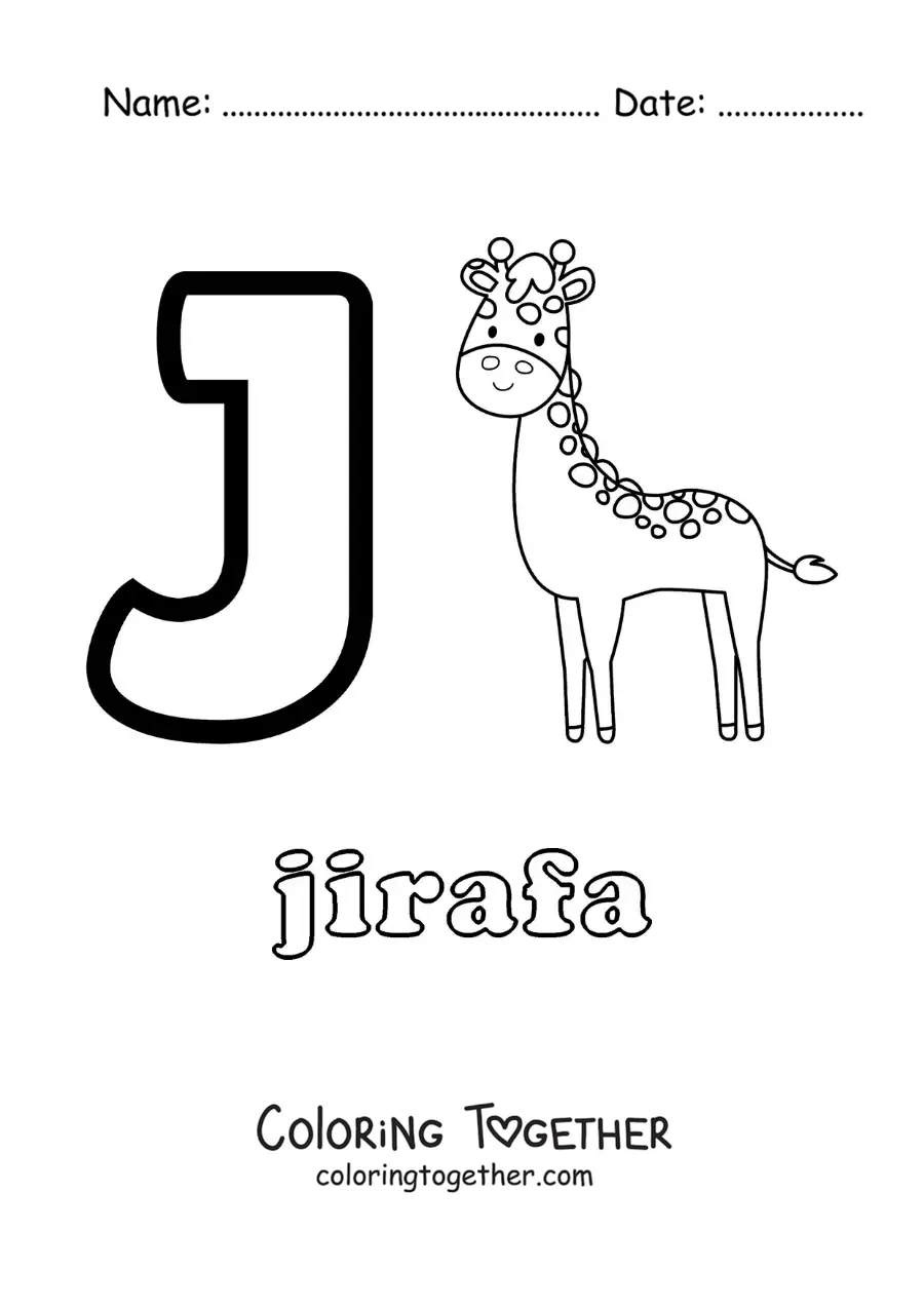 Coloring page of the letter j for giraffe