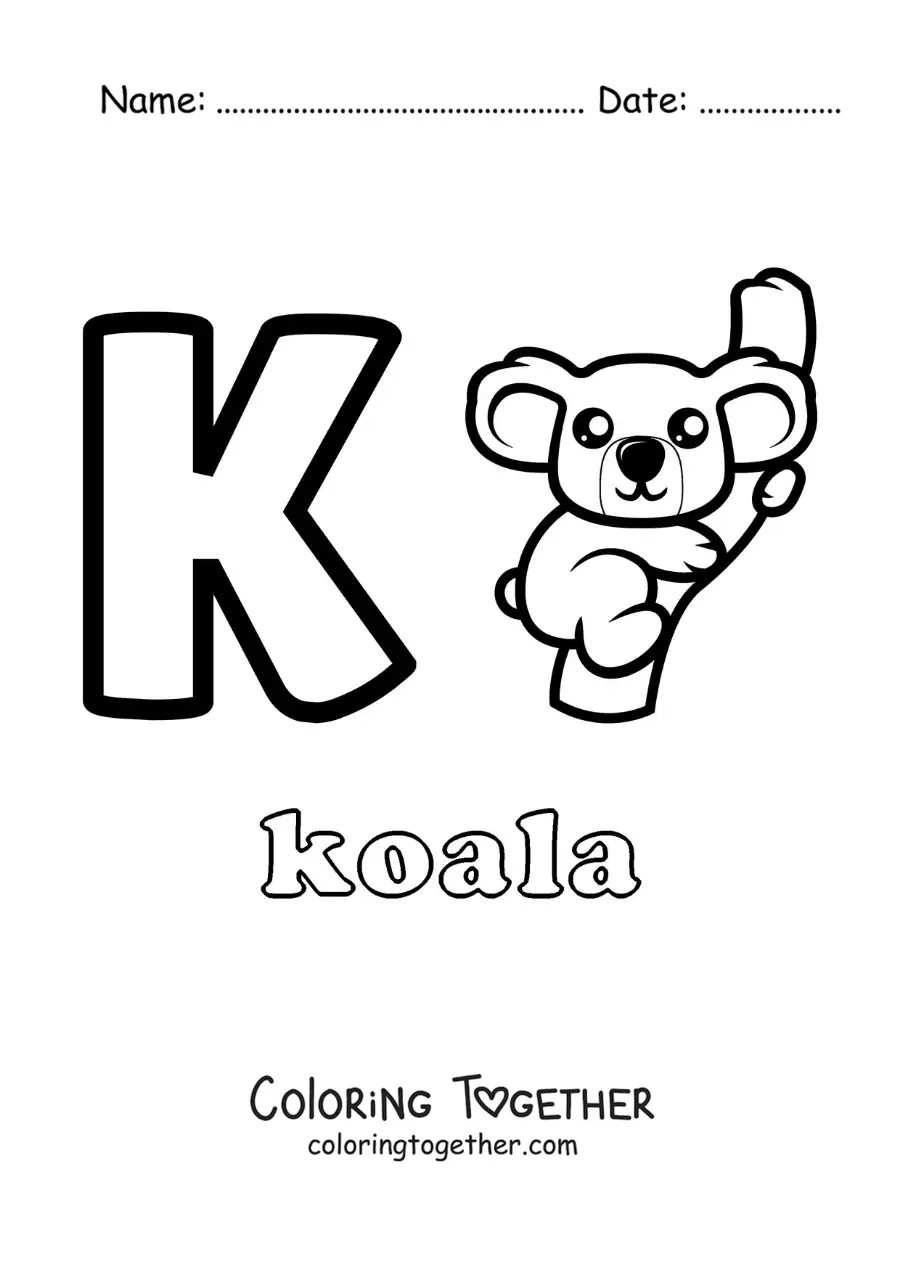 Coloring page of the letter k for koala