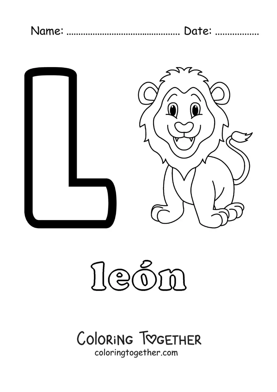 Coloring page of the letter l for lion