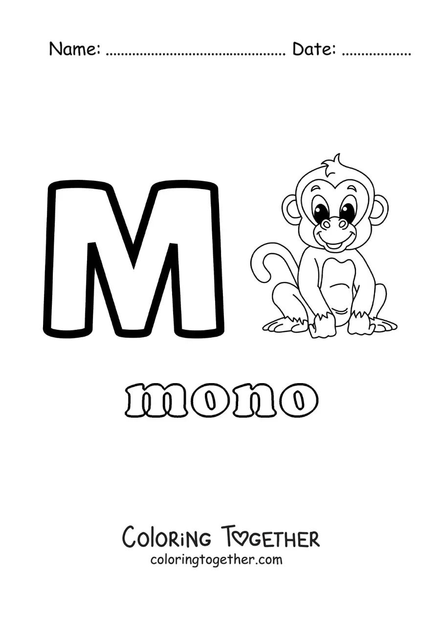 Coloring page of the letter m for monkey