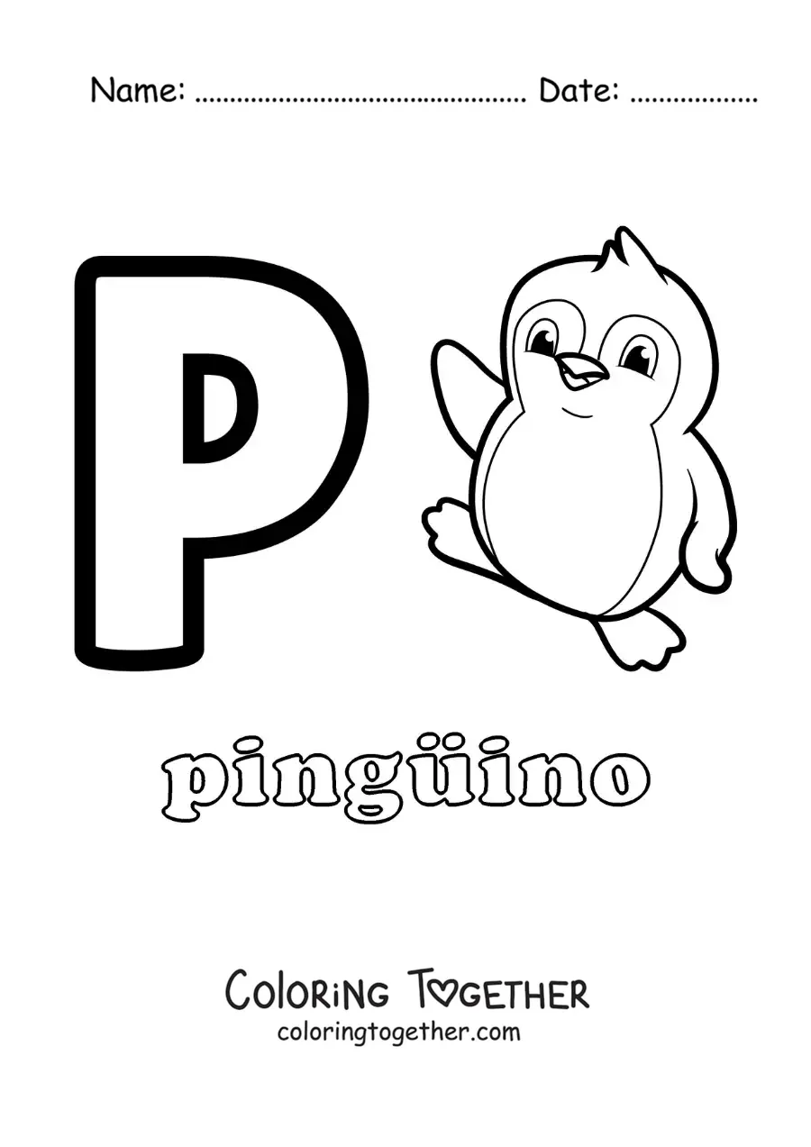 Coloring page of the letter p for penguin