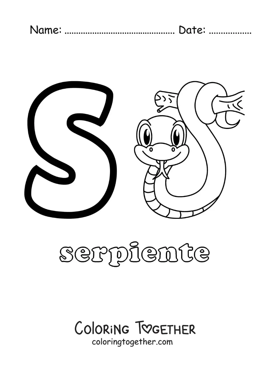 Coloring page of the letter s for snake