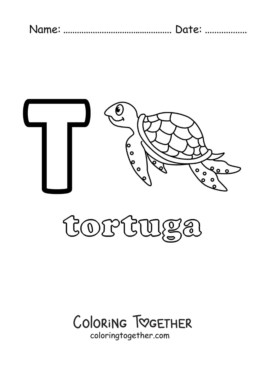 Coloring page of the letter t for turtle