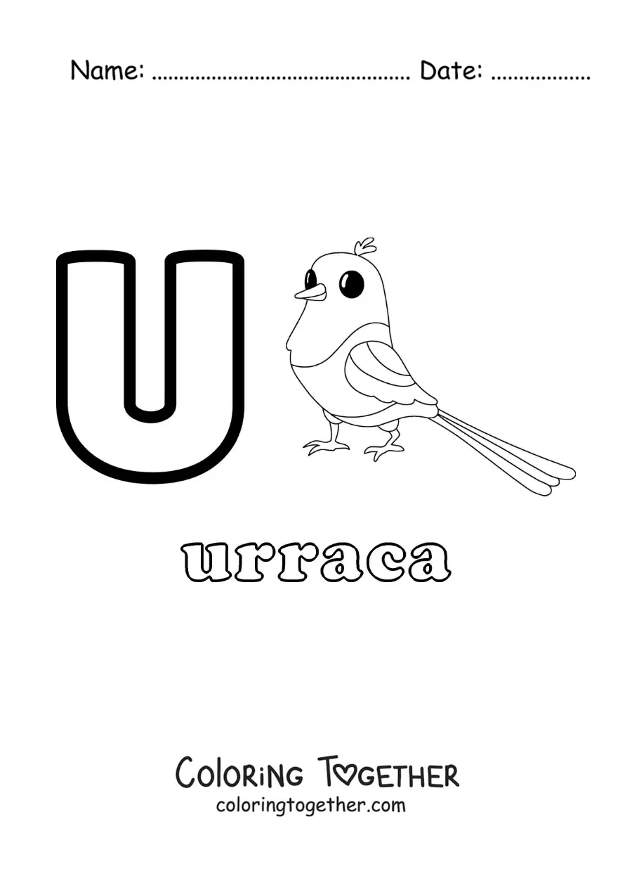 Coloring page of the letter u for magpie
