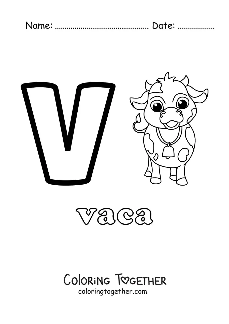 Coloring page of the letter v for cow