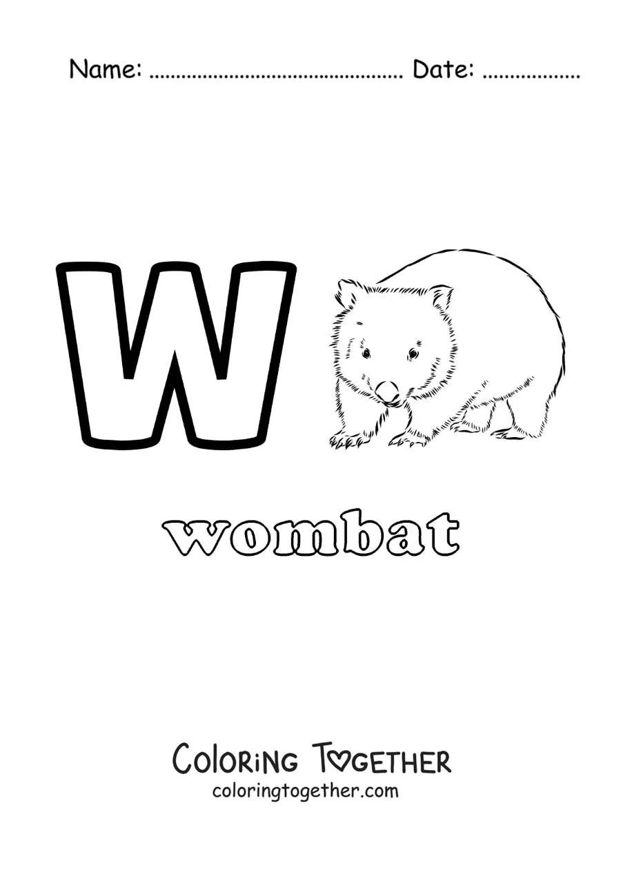 Coloring page of the letter w for wombat
