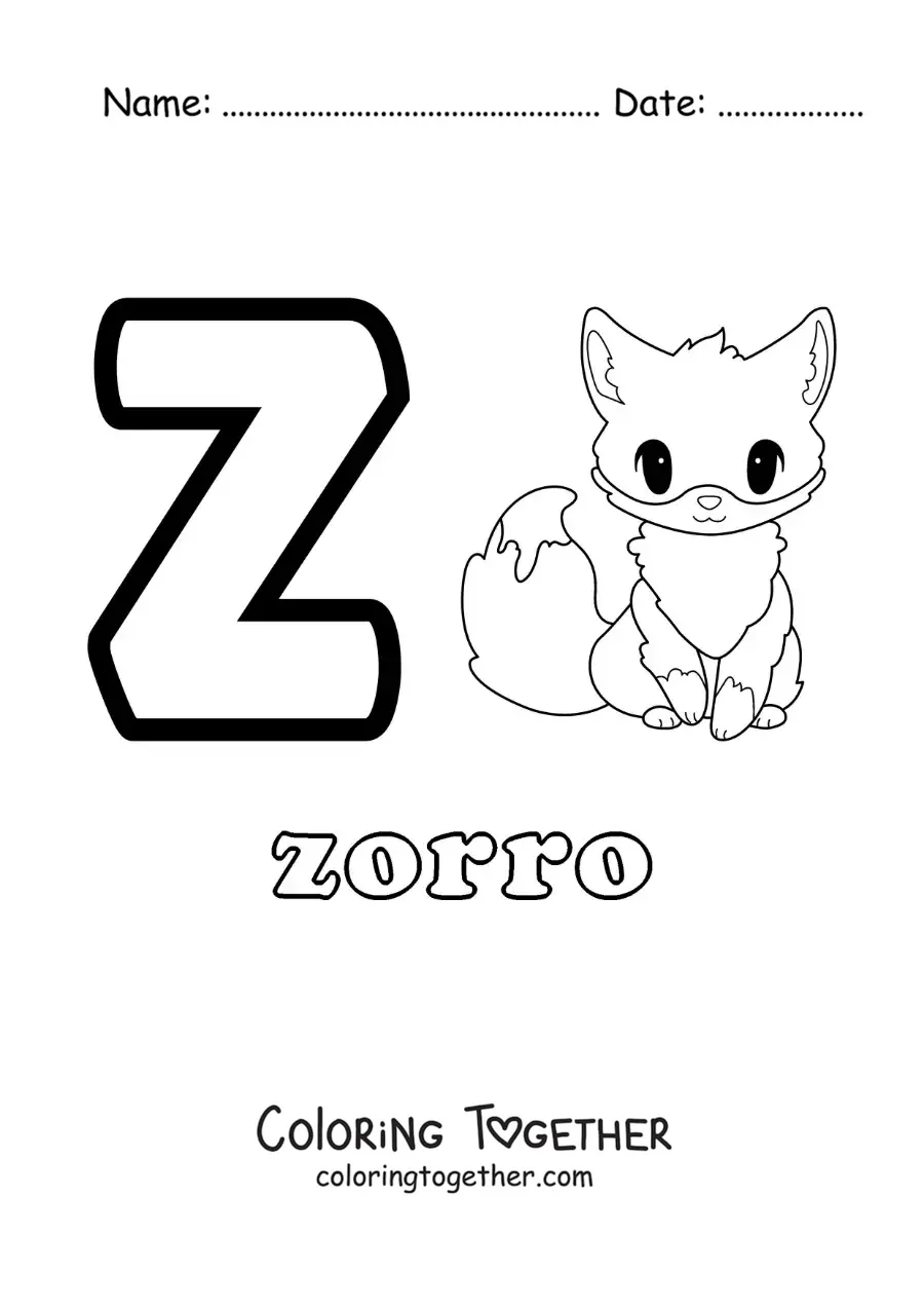 Coloring page of the letter z for fox