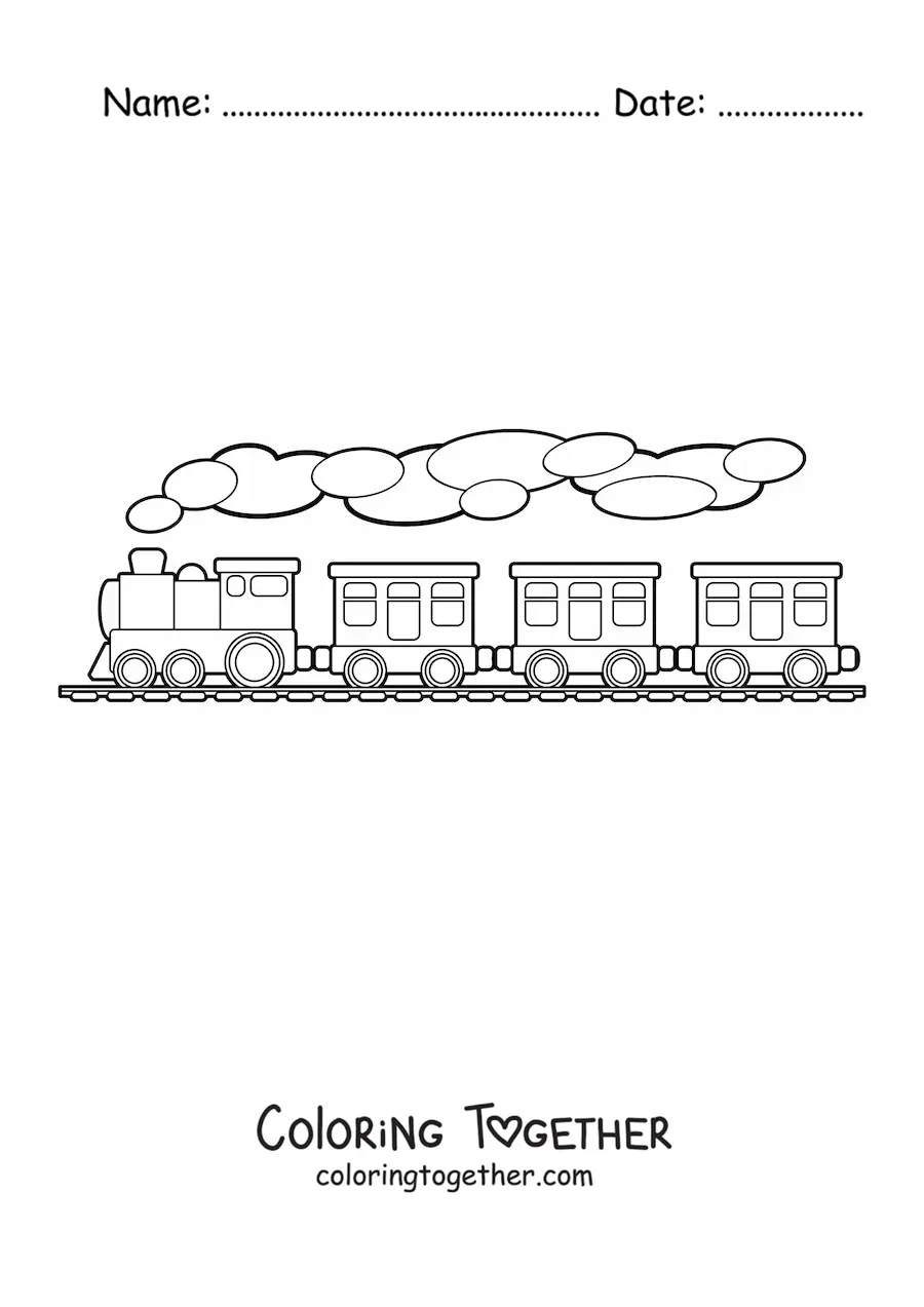 Coloring page of a steam train with three cars on rails