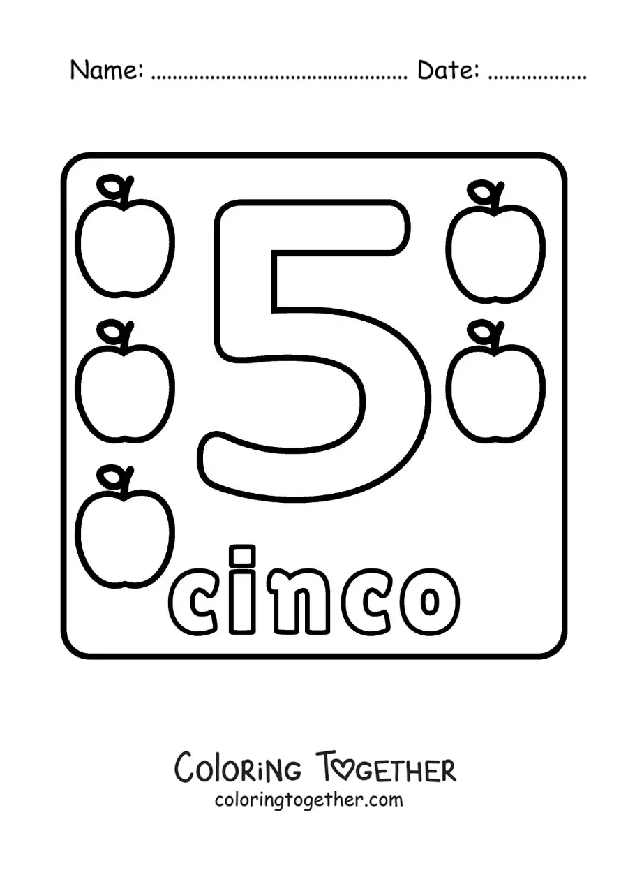 Coloring page of a big number 5 worksheet for kids